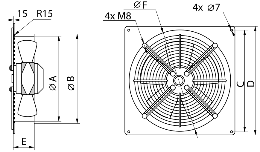 размеры осевого промышленного вентилятора Lufberg AX-W-250-4E